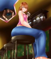 drawing blushing long_hair butt_crush brunette brown_eyes sitting looking_down drinking pinned indoors looking_at_tiny persona persona_3 yukari_takeba kogochew junpei_iori