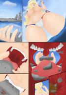 bikini drawing giantess vore blonde comic color large_breasts long_hair biting hat ships panels running_away swiftsten tomy117