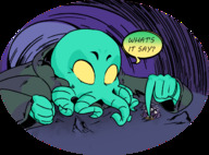 drawing gentle giantess color clothed yellow_eyes lying_down cave dialogue green_skin looking_at_tinies cthulhu-ette ouija_board slugmanoctavio3