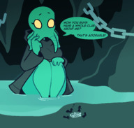 drawing gentle giantess anthro color butt clothed water yellow_eyes sitting surprised cave dialogue thick_thighs green_skin pentagram cult looking_at_tinies cthulhu-ette kiwihermit