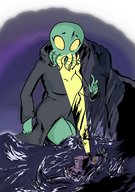 drawing giantess color large_breasts clothed water ocean yellow_eyes surprised boats thighs outdoors green_skin spotlight looking_at_tiny cthulhu-ette slugmanoctavio3