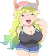drawing vore horns blonde color large_breasts long_hair tongue cleavage saliva shorts heart open_mouth shrunken_person hat dragon_girl no_background quetzalcoatl lucoa