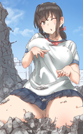 drawing giantess panties city upskirt black_hair color large_breasts long_hair destruction skirt buildings brunette sitting kneeling pigtails uniform outdoors ahoge thick_thighs uru one_eye_closed sweat_drop