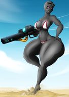 bikini drawing alien large_breasts destruction gun desert looking_down outdoors goggles thick_thighs colonel-gabbo black_skin