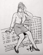 drawing giantess city monochrome high_heels shoes sitting outdoors closed_eyes office_lady denizen-toad