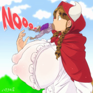 drawing vore wolf horns long_hair huge_breasts brunette twintails shrunken_man open_mouth braid hood hataraki