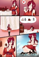 drawing growth giantess mega comic color butt cleavage shrinking climbing huge_breasts cake red_hair table shrunken_woman eating thought_bubble dakunart