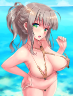 drawing long_hair tongue beach wet huge_breasts brunette sweat ponytail shrunken_man outdoors tinies thick_thighs human_clothing