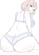 drawing large_breasts tongue butt_crush underwear smiling short_hair sitting shrunken_man big_butt no_background lavellearts