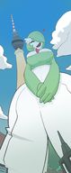 drawing gentle giantess pokemon furry color large_breasts clothed buildings low_angle smiling green_hair gardevoir outdoors closed_eyes commission pale_skin one_eye_covered sihagen chloe_(gardevoir) drawinggardi