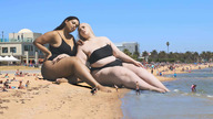 bikini collage blonde black_hair long_hair beach sitting bbw giantesses outdoors umbrella crowds tekitocreations
