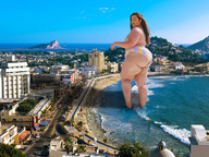 bikini giantess collage city long_hair beach buildings smiling red_hair outdoors looking_back big_butt crowds tekitocreations
