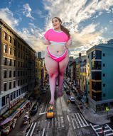 giantess collage city long_hair swimsuit barefoot buildings brunette walking outdoors bare_midriff tekitocreations