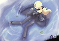 drawing giantess pokemon blonde color long_hair clothed cleavage water ocean yellow_eyes sitting outdoors islands gamefreakdx cynthia_(pokemon)