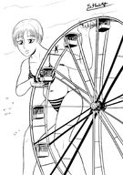 bikini drawing giantess monochrome smiling short_hair outdoors ferris_wheel s-harriet