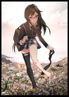 drawing giantess crush feet giga city black_hair long_hair destruction clothed barefoot ocean buildings glasses shoes smiling socks foot_crush vivian clouds outdoors sky looking_at_viewer black_socks bare_legs smirking discarded_footwear