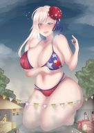 drawing white_hair blushing color swimsuit blue_eyes cleavage huge_breasts looking_down open_mouth outdoors festival thick_thighs fate/grand_order a-i-k_art miyamoto_musashi