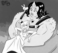 black_hair long_hair clothed bunny handheld ribbon smiling dress mini_giantess bbw hugging tattoo monster_girl horn pointed_ears tusks