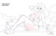 drawing giantess monochrome huge_breasts smiling sitting pool looking_down outdoors freckles umbrella thick_thighs ange1witch