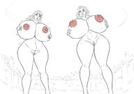 drawing giantess nude monochrome long_hair huge_breasts looking_down giantesses freckles thick_thighs just-add-water99