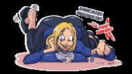 drawing blonde long_hair butt huge_breasts smiling lying_down shrunken_man looking_down pinned under_breasts no_background lakehylia
