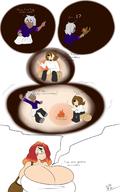 drawing giantess long_hair cleavage huge_breasts story red_hair dialogue owlizard between_breasts
