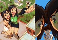 drawing gentle giantess black_hair color clothed handheld skirt green_eyes high_angle smiling phone giantesses outdoors looking_at_tiny peace_sign photographing exuberantcurtain echo