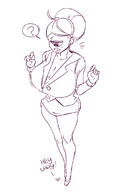 drawing giantess monochrome clothed cleavage high_heels huge_breasts looking_down ahoge office_lady no_background hair_bun cyclops squidapple