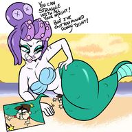 drawing crush comic color large_breasts beach butt_crush mermaid shrunken_man dialogue seashell_bra cuphead cala_maria superspoe