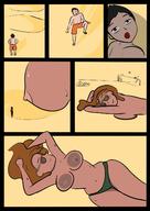 drawing comic large_breasts long_hair breast_crush brunette topless sweat lying_down unaware shrunken_man sunglasses dark_skin pinned closed_eyes panels xtamarax