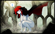 drawing giantess nude blushing color long_hair huge_breasts red_hair blue_skin looking_down blazbaros cape sweat_drop