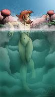 drawing giantess nude long_hair brunette swimming outdoors jazzlizard