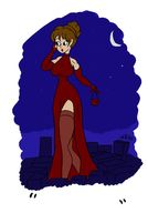 drawing giantess city large_breasts clothed buildings brunette dress phone walking night outdoors archangeldreadnought hair_bun
