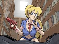 blonde large_breasts long_hair cleavage glasses ponytail sitting looking_down indoors library shrink_gun bare_midriff danshive