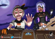drawing giantess pokemon panties upskirt destruction blue_eyes yellow_eyes pink_hair halloween looming giantesses outdoors grey_hair eyepatch 2b sayerraider disguise