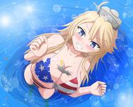 bikini drawing giantess blushing blonde color large_breasts long_hair swimsuit blue_eyes water ocean high_angle outdoors ships warship looking_at_tiny kantai_collection thedaibijin on_breasts unusual_pupils iowa