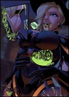 drawing vore blonde color large_breasts long_hair digestion earrings internal_view jora-bora throat_bulge witch_hat overwatch d.va cutaway mercy_(overwatch)