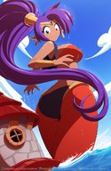 drawing giantess color large_breasts long_hair ocean purple_hair low_angle surprised underboob looking_down dark_skin houses outdoors frowning shantae kojiro-brushard