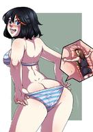drawing panties blushing black_hair large_breasts butt smiling short_hair pinned butthole looking_back inside_clothing striped_panties no_background kill_la_kill ryuko_matoi cutaway clothing_entrapment ecchipandaa hair_streak