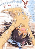 drawing insertion nude blushing black_hair long_hair lying_down bondage fangs laughing japanese_text tinies tears on_foot on_belly on_breasts convenient_censorship atu_okenay