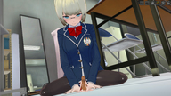 drawing blushing clothed glasses sitting shrunken_woman looking_down indoors digital_render