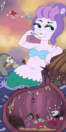 drawing giantess vore color large_breasts water ocean mermaid smiling stomach airplane inside_stomach vaderaz toothpick seashell_bra cutaway cuphead cala_maria mugman