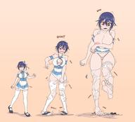 drawing growth large_breasts barefoot cleavage glasses blue_hair short_hair growth_sequence ripped_clothing raised_foot no_background homer-rier