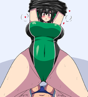 drawing blushing black_hair color long_hair swimsuit sex wet touhou red_eyes huge_breasts ribbon mini_giantess bulge heart looking_down utsuho_reiuji no_background looking_at_tiny