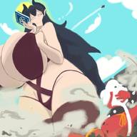 giantess black_hair long_hair huge_breasts smiling demoness looking_down book red_skin thick_thighs skimpy_clothing tsukoex