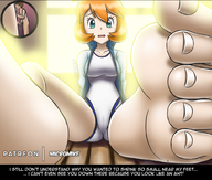 giantess pokemon feet masturbation large_breasts cum toes barefoot soles foot_worship sitting shrunken_man dialogue footjob micromike ginger_hair misty_(pokemon)