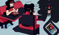 black_hair long_hair glasses butt_crush huge_breasts sitting phone shrunken_woman freckles pizza dialogue sharp_teeth tips cutaway the-hooded-grimpy pizza_thot