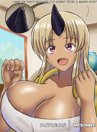 drawing blonde long_hair cleavage huge_breasts fang smiling shrunken_man looking_up hanging_on horn micromike monster_musume tionishia