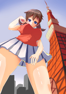 drawing giantess color large_breasts long_hair blue_eyes clothed brunette low_angle surprised looking_down outdoors hellbender47
