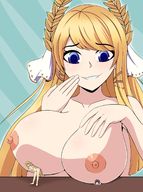 drawing blonde long_hair huge_breasts breast_crush smiling shrunken_woman looking_down pinned lifting tinies khalcifieron